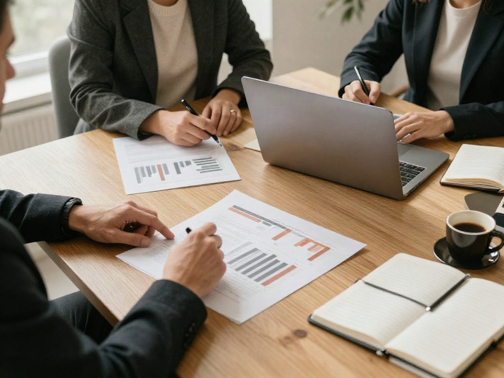 Business consultants working together around financial charts and a laptop at a warm oak table
